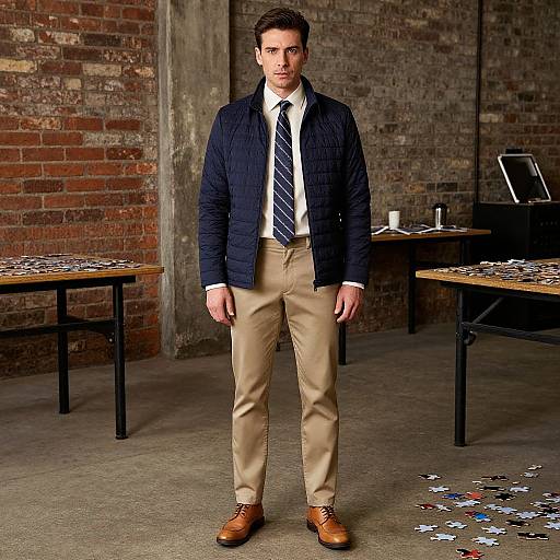 Photograph of a serious, attractive man in a navy jacket, white shirt, striped tie, beige pants, and brown shoes, standing in a brick