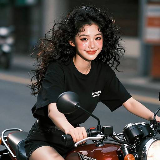 Photorealistic digital illustration of a smiling Asian woman with curly black hair, wearing a black t-shirt, riding a red motorcycle on a city street.