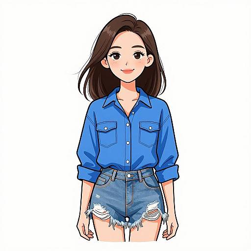 Digital anime-style drawing of a smiling young woman with fair skin, brown hair, wearing a blue button-up shirt and frayed denim shorts.