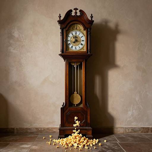 Photograph of a vintage wooden grandfather clock with a white clock face, standing against a textured beige wall, casting a shadow. Yellow flowers scatter at its