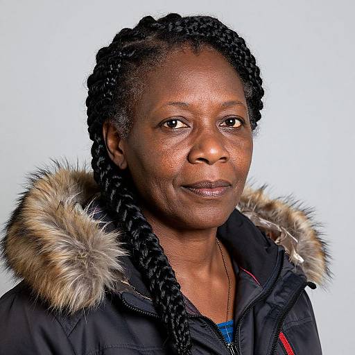 Photograph of a mature African woman with dark skin, braided hair, wearing a black winter jacket with fur-lined hood, smiling against a white background