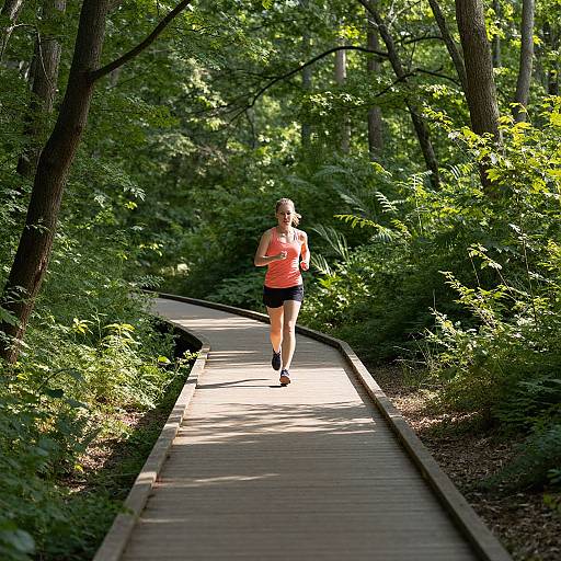 Photograph of a woman jogging on a sunlit wooden path in a lush, green forest, wearing an orange tank top and black shorts.
