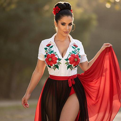 Photograph of a confident woman with dark hair in an updo, wearing a white floral blouse, black skirt with red sash, and holding a