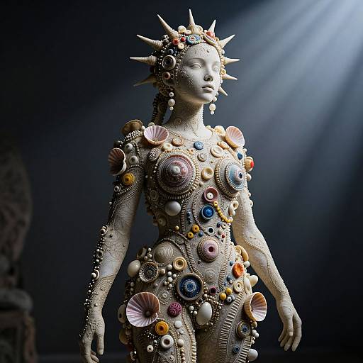 Photograph of a white, life-sized mannequin adorned with colorful seashells, beads, and spikes, illuminated by dramatic blue light.