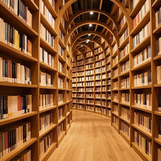 Photograph of a warm, wooden bookshelf-lined library aisle with shelves curving overhead, filled with variously colored books, under soft, recessed