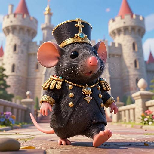 CGI image of an adorable black mouse in regal attire, including a gold-embellished hat and epaulettes, standing on a