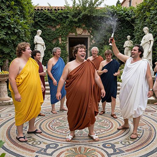 Photograph of six plus-sized men in colorful Greek-style togas, celebrating outdoors in a garden with mosaic floor, statues, and greenery. One