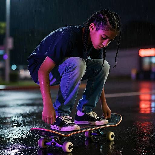 Teen Skateboarder in Neon Rain