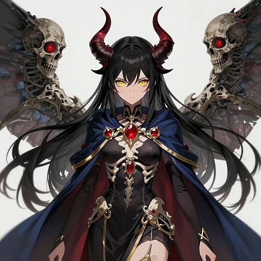 Digital anime illustration of a black-haired demon girl with red eyes, red horns, and skeletal winged creatures behind her, wearing a dark blue cape and
