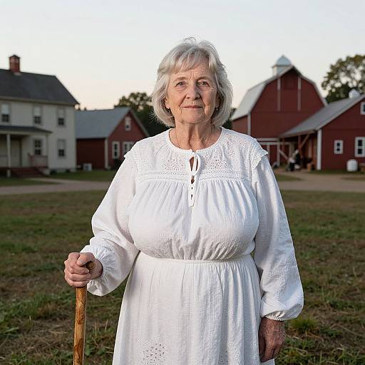 Photograph of an elderly white woman with short gray hair, wearing a white, long-sleeved, embroidered dress, holding a wooden cane, standing