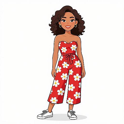 Cartoon-style illustration of a smiling Black woman with curly hair, wearing a red floral romper and white sneakers, standing against a white background.