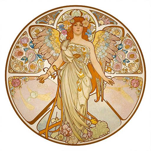 Art Nouveau-style digital illustration of a winged woman in a flowing, golden dress, surrounded by floral patterns and soft yellow light.