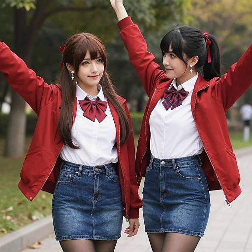 Photograph of two Asian women with long hair in red jackets, white shirts, red bow ties, and blue skirts, walking outside with arms raised.