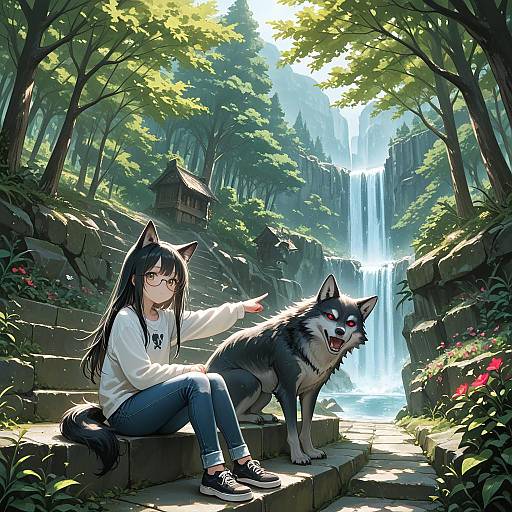 Wolf Girl Sitting by Waterfall
