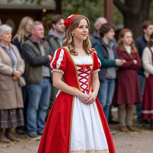 Photograph of a young woman with light brown hair in a red and white Renaissance-style dress, standing in front of a blurred crowd outdoors. Background includes