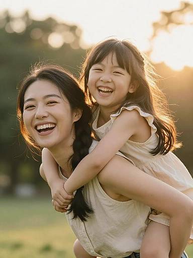 Joyful Asian Mother Carrying Daughter Outdoors