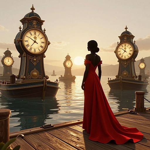 Silhouetted woman in red gown stands on wooden dock at sunset, facing five ornate, floating clocks in serene water.