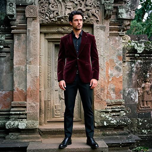 Photograph of a serious, bearded man in a dark red velvet blazer, black shirt, and pants, standing in front of an ancient,