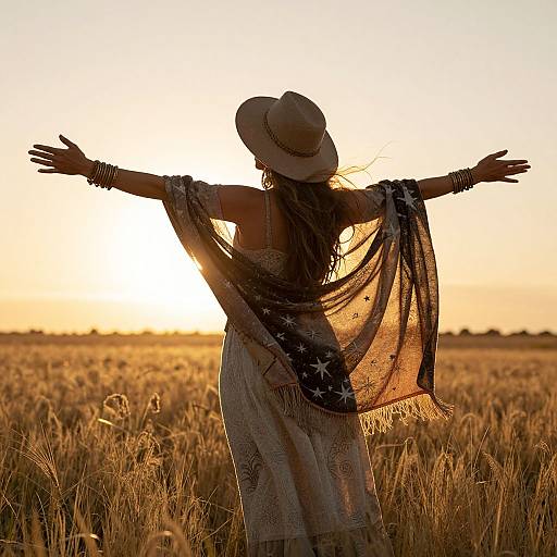 Hippie Woman Embracing Sunset Glow