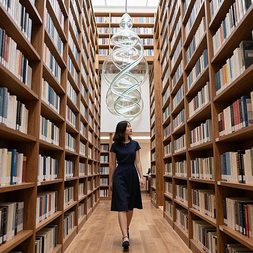Woman Walking in Library Aisle