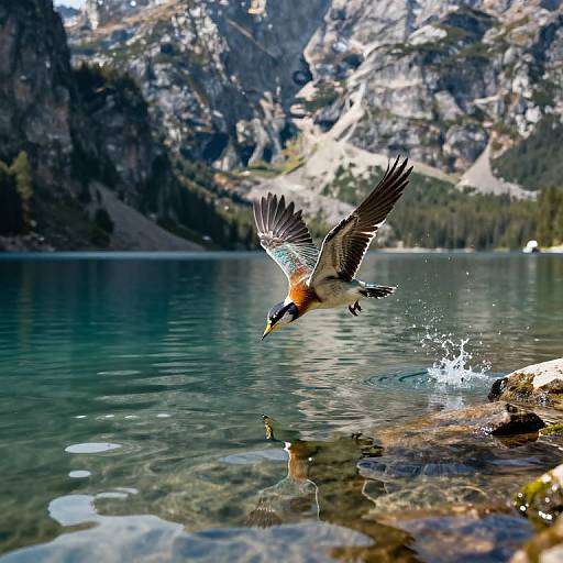 Photograph of a black-necked grebe with orange chest, mid-dive into a crystal-clear alpine lake, mountainous background, splashing