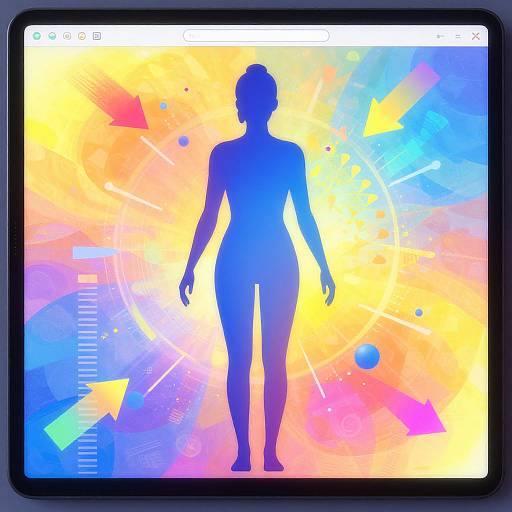 Digital art of a blue silhouette of a woman standing on a vibrant, abstract background with yellow, pink, and blue geometric shapes.