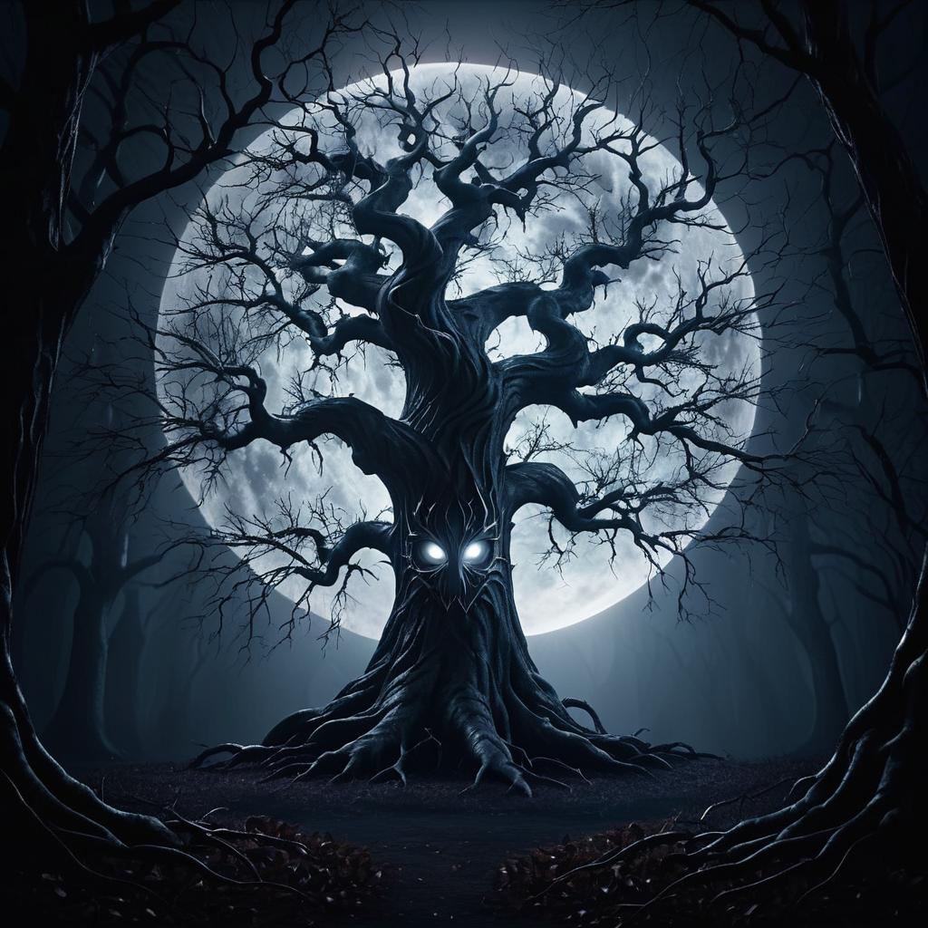 Haunting Full Moon Forest with Glowing Tree