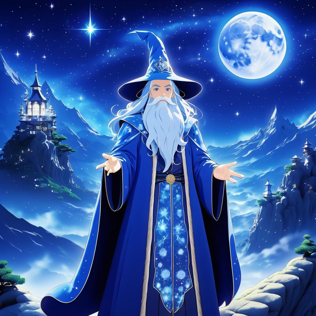 Mystical Wizard on a Moonlit Mountaintop