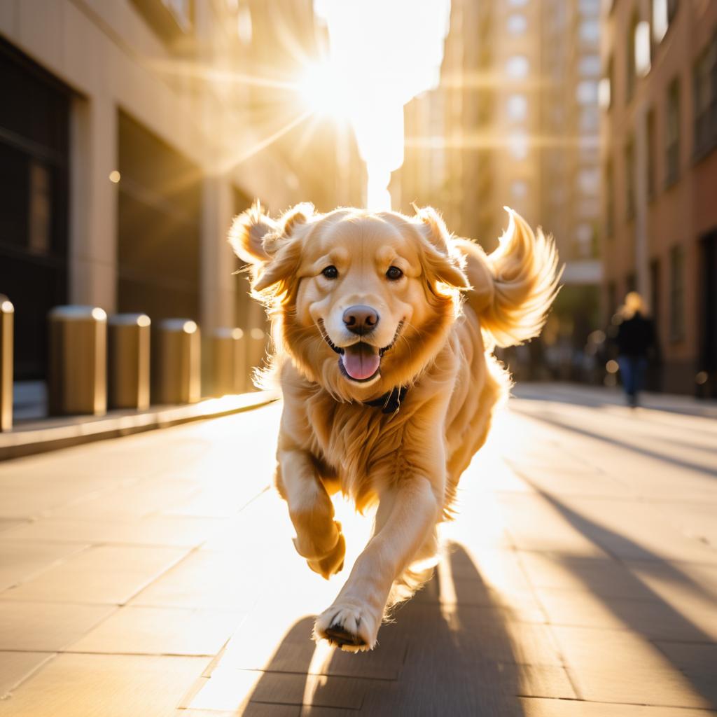 Golden Retriever Running in Urban Sunshine