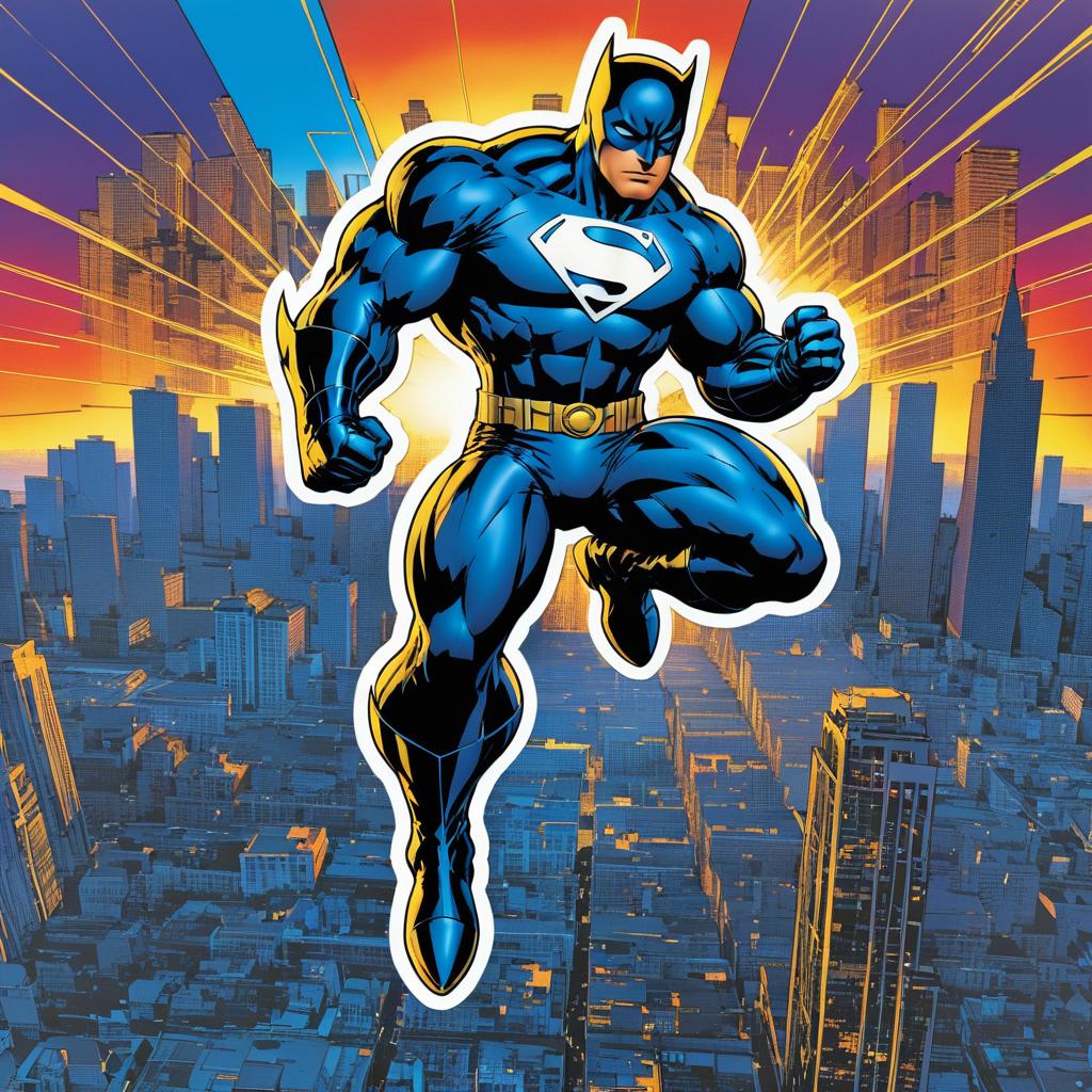 Dynamic Superhero Sticker in Cityscape