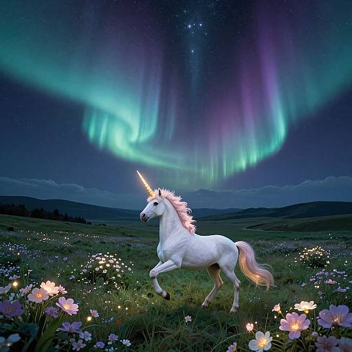 Photograph-like digital art of a white unicorn with a glowing horn, dancing in a field of flowers under a vibrant aurora borealis night sky.