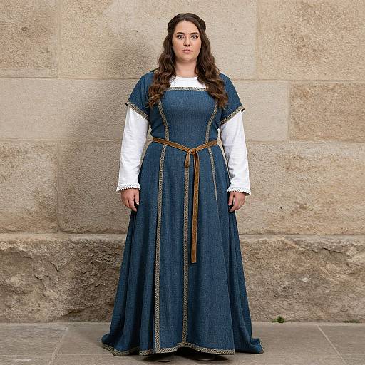 Photograph of a woman with long brown hair in a medieval-style blue dress with white long-sleeved shirt, standing against a stone wall.
