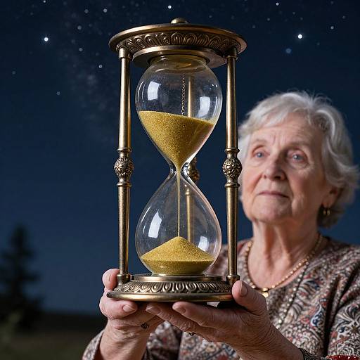 Elderly woman with short white hair holding ornate hourglass filled with golden sand against a starry night sky. Photograph.