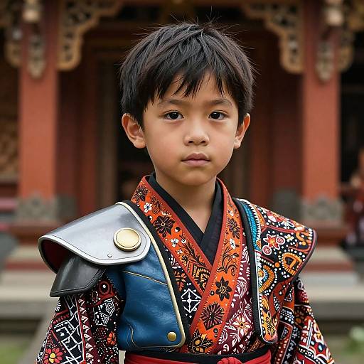 Photograph of a young Asian boy with short black hair, wearing an ornate, colorful traditional Japanese armor with red and black patterns, standing in front