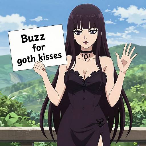 Digital anime drawing of a black-haired woman in a black dress holding a sign reading 