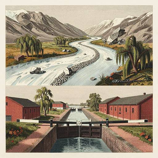 Victorian River Engraving: Upstream and Downstream