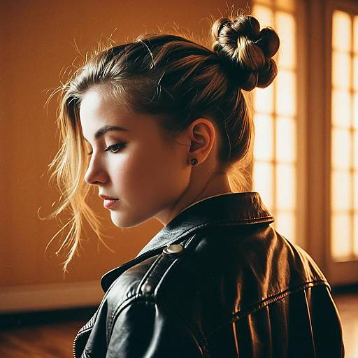 Teenage Girl with Twisted Bun Hairstyle in Leather Jacket