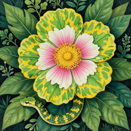 Vibrant digital illustration of a large pink and yellow flower with green leaves, centered on a coiled green and yellow snake with red eyes.