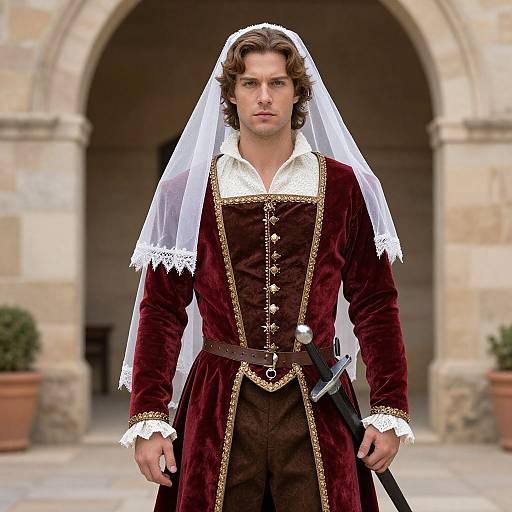 Photograph of a handsome man with wavy brown hair, wearing a maroon velvet Renaissance-style outfit with gold trim, white lace collar, and veil