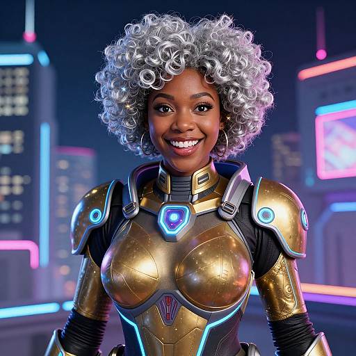 Digital artwork of a smiling Black woman with curly white hair in futuristic gold and blue armored suit, neon cityscape background.