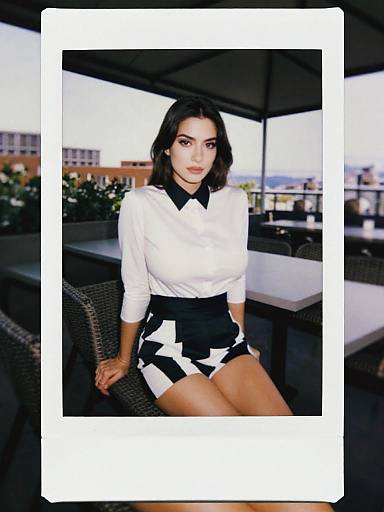 Photograph of a woman with dark hair, wearing a white blouse with black collar and black-and-white patterned shorts, sitting on a wicker chair