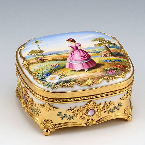 Ornate gold and white jewelry box with square lid, featuring detailed pink dress lady, colorful garden scene, and floral accents.