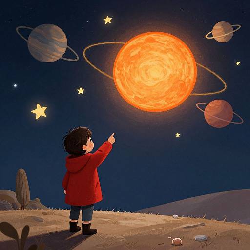 Cartoon-style image of a child in a red coat pointing at a large, bright orange sun with planets and stars in a dark night sky, standing