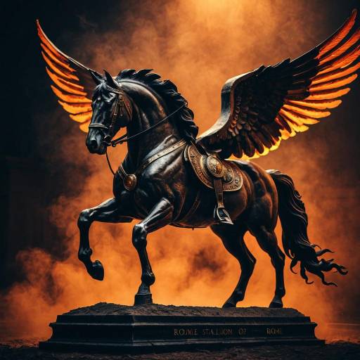 Gallant Winged Stallion Statue in Fiery Light