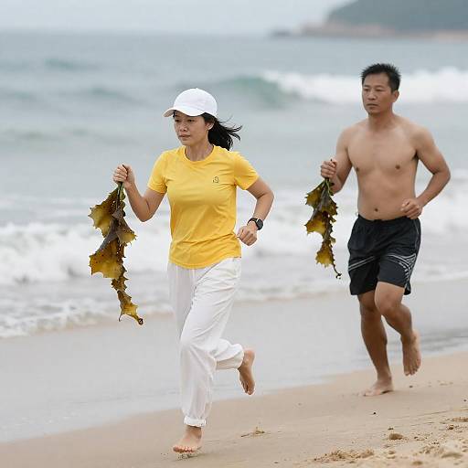Couple Running on Shore with Seaweed