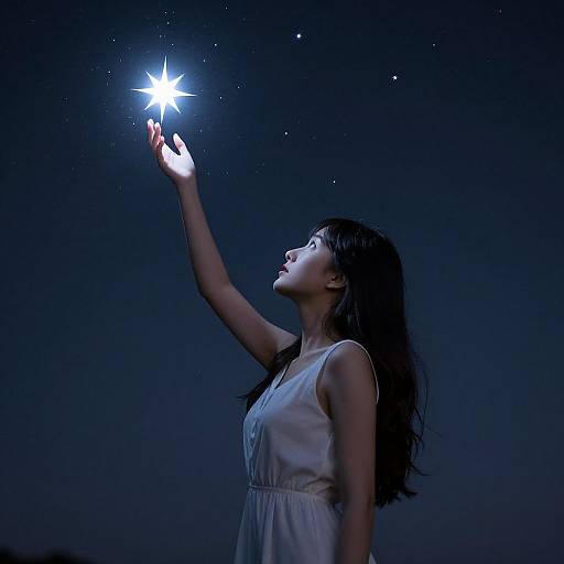 Photograph of a young woman with long black hair, wearing a white sleeveless dress, reaching up to touch a bright star in a dark, star
