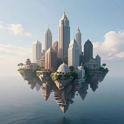 CGI image of a floating futuristic cityscape with tall skyscrapers, lush greenery, and reflective water beneath a clear blue sky.