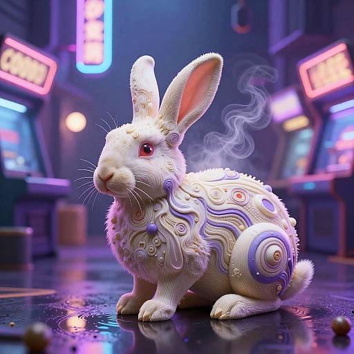 Surreal Ivory Rabbit in Neon Arcade