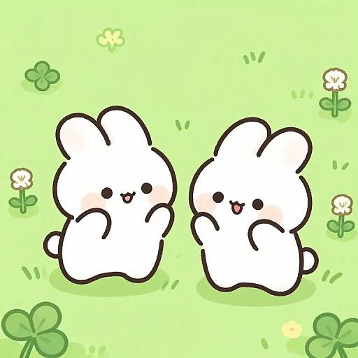 Cute digital drawing of two white, fluffy, cartoon cloud-like characters with black eyes and blush, playing in a bright green grassy field with sham