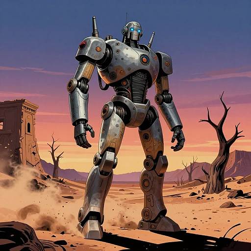 Digital artwork of a towering, silver robot with glowing blue eyes standing in a desert at sunset, surrounded by ruins and barren trees.